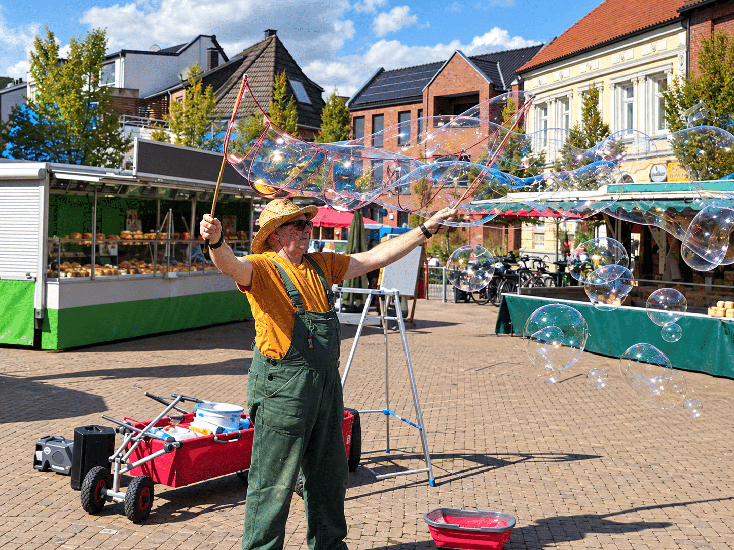 Seifenblasenkünstler auf dem Marktplatz in Olfen ohne erkennbare Kinder